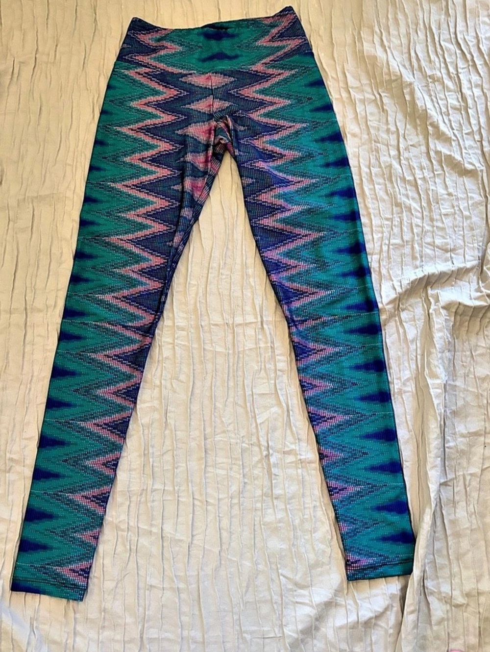 Goldsheep Chevron Zig Zag Printed Leggings Vibrant Teal Pink Size M athleisure